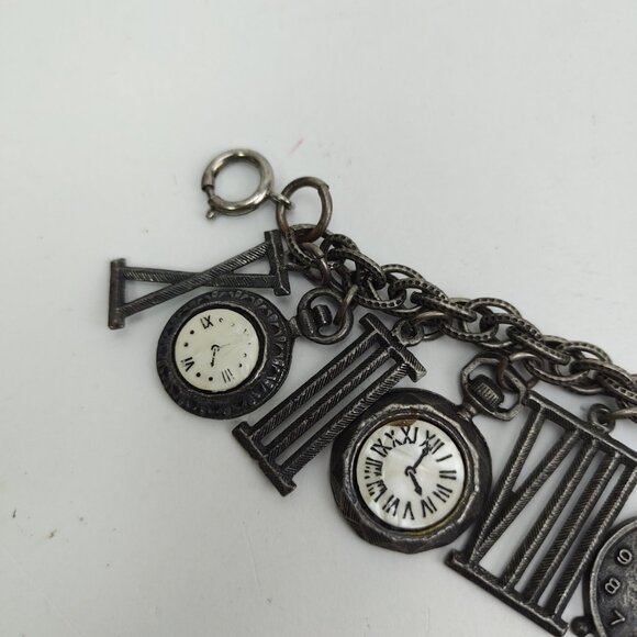 ART Arthur Pepper 13 Timepiece Clock Charm Bracelet Silver Tone Chunky 7.5" VTG - Picture 2 of 15